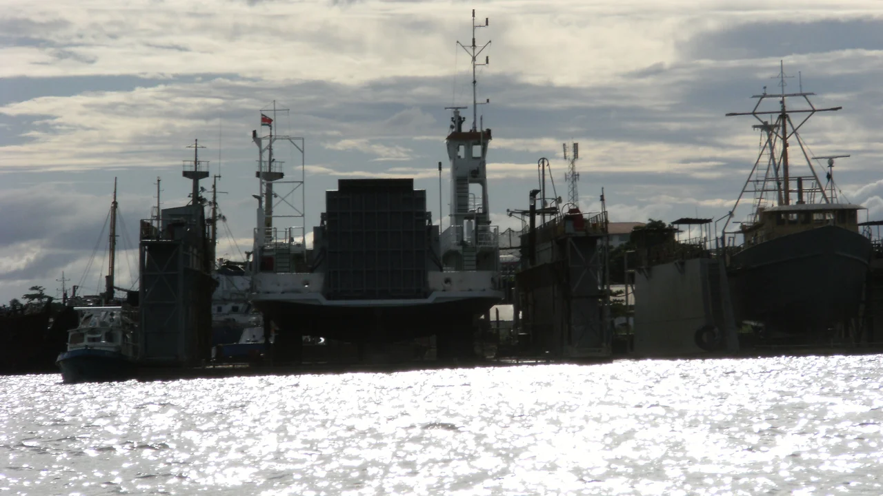 Commercial cargo ships berthed along the Suriname River docks discharging international freight.