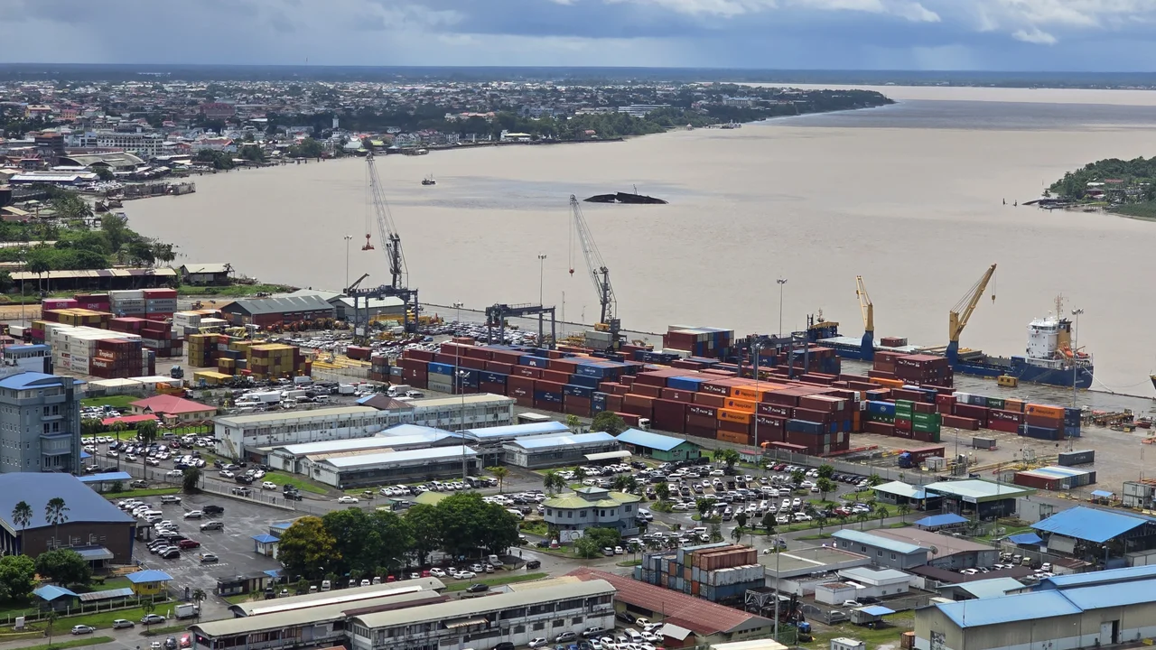 Aerial view of Jules Sedney Haven terminal complex along the Suriname River in Paramaribo.