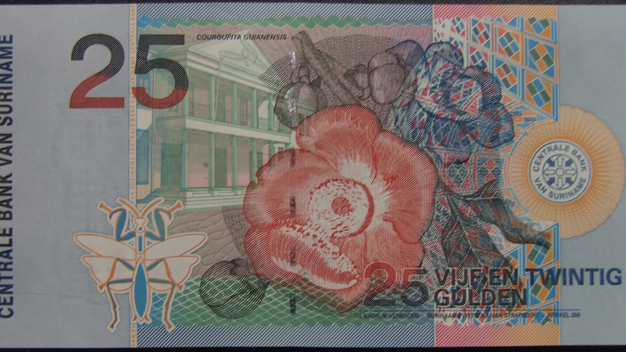 Surinamese monetary banknotes displaying national symbols, monetary denominations, and central bank authority.