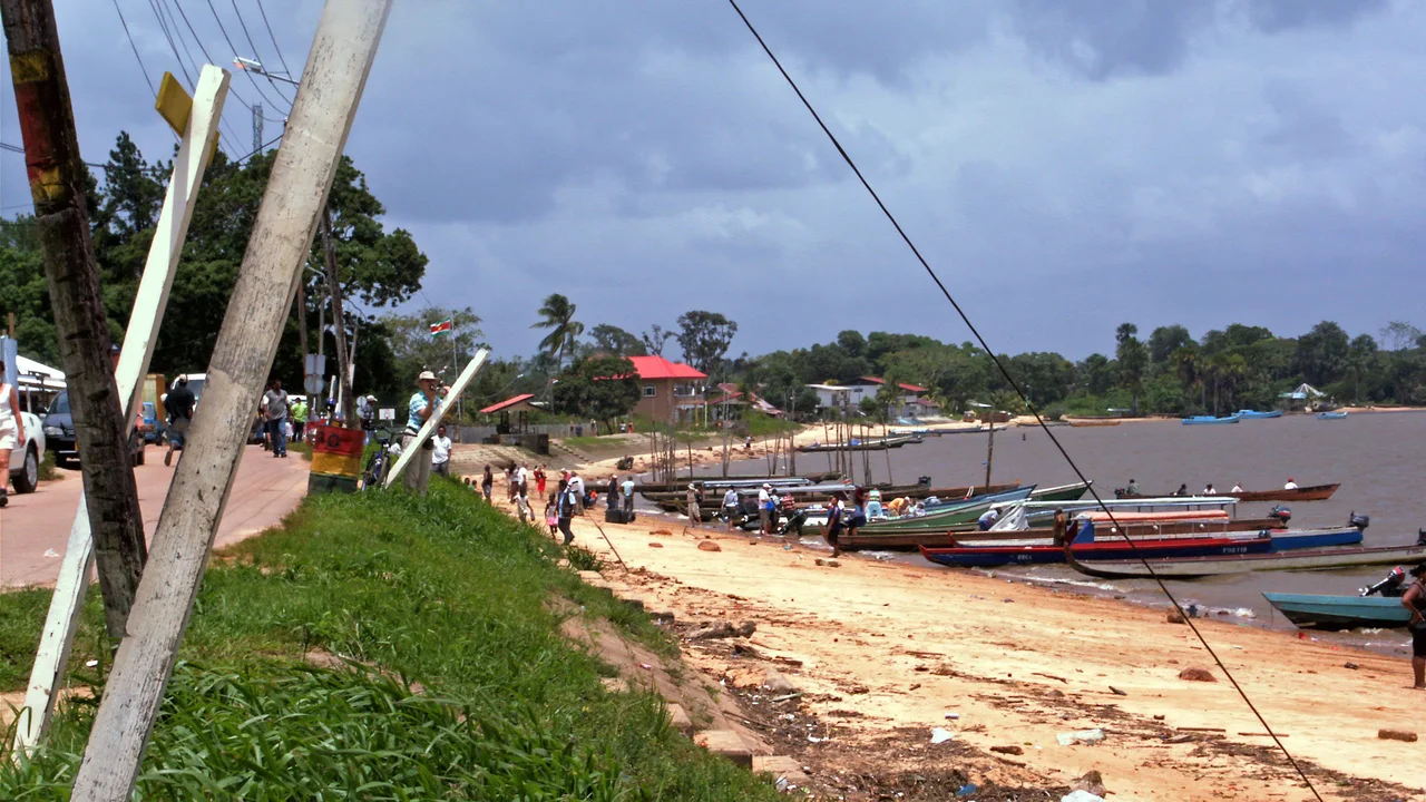 The riverfront settlement of Albina on the western bank of the Marowijne River in eastern Suriname.