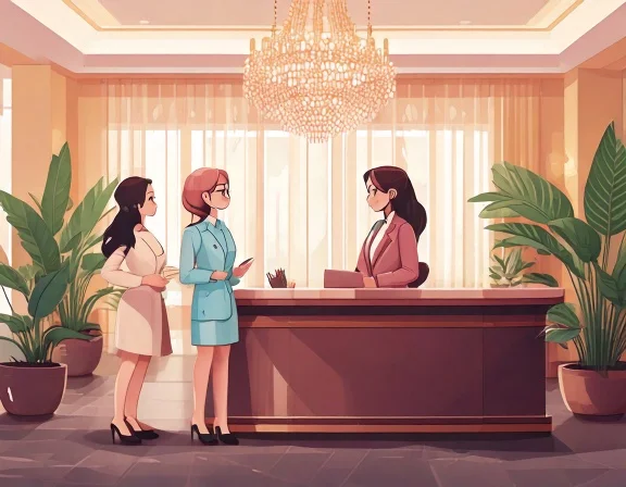 Guest talking to receptionist in hotel lobby