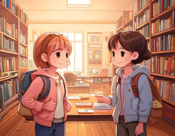 Two students talking in a library