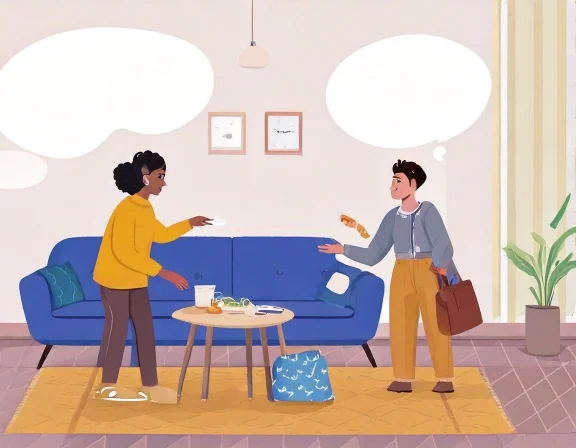 Two people in a living room looking for items