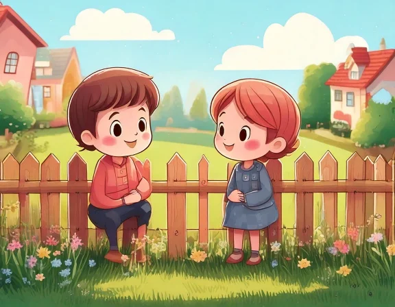 Two neighbors talking over a fence