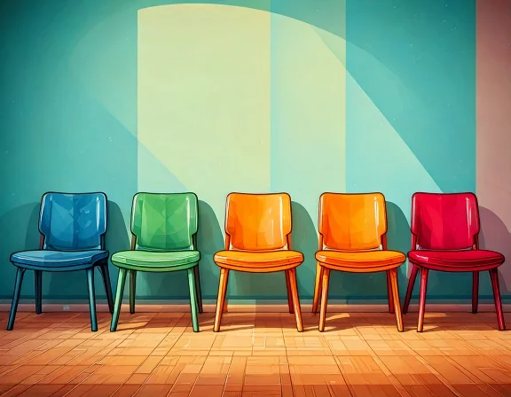 There are five chairs in the room.